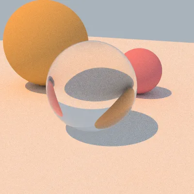 PBR render of a simple scene, showing balls of different materials under sunlight